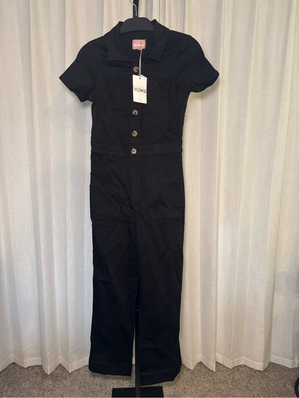 Show Me Your MuMu Black Short-Sleeve Button-Front Jumpsuit